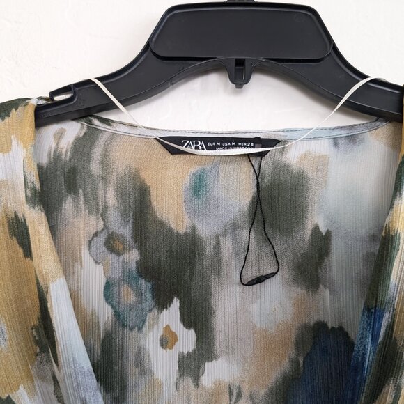 ZARA Blouse Women's M Multicolor Watercolor Sheer Lightweight Zipper Deep V Neck - Picture 6 of 14